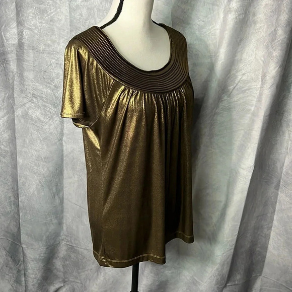 Dana Buchman Gold Metallic Scoop Neck Short Sleeved Blouse - size Small - Picture 3 of 11